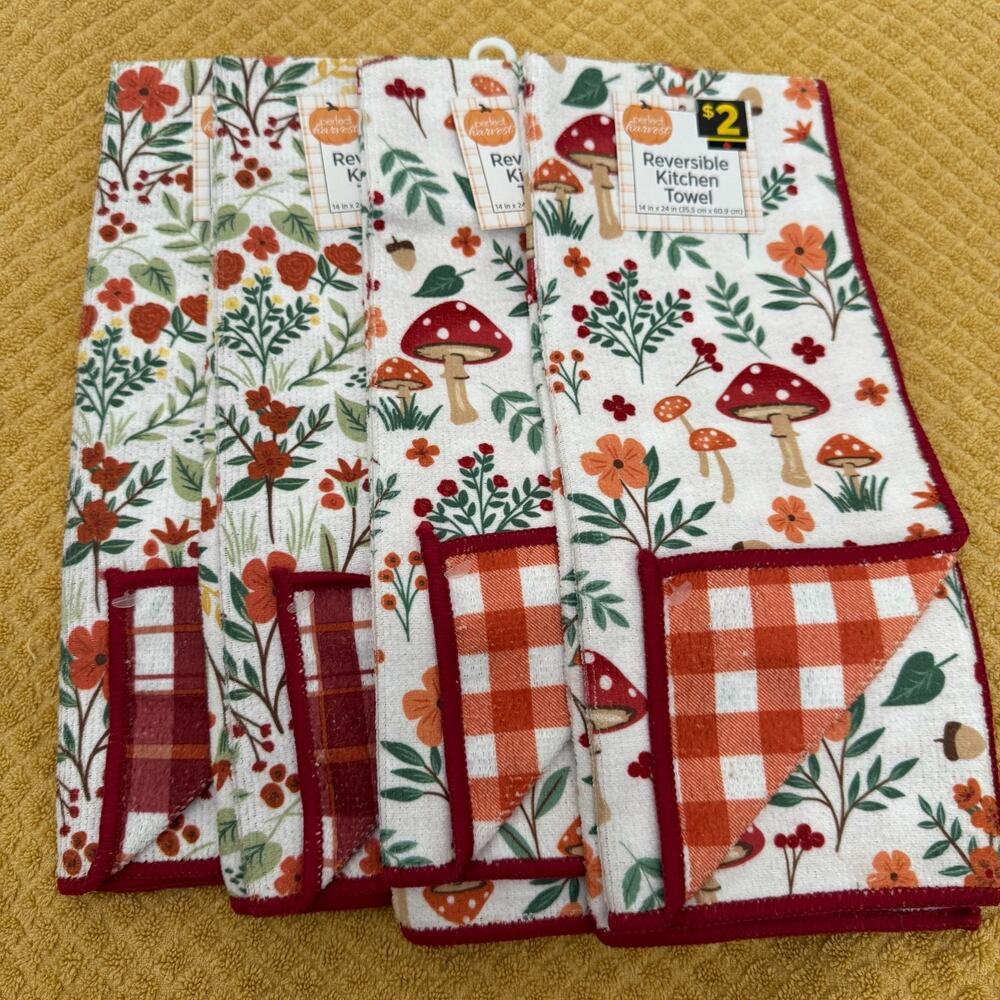 Perfect Harvest Reversible Kitchen Towel LOT of 4 Autumn 14x24 inches NWT